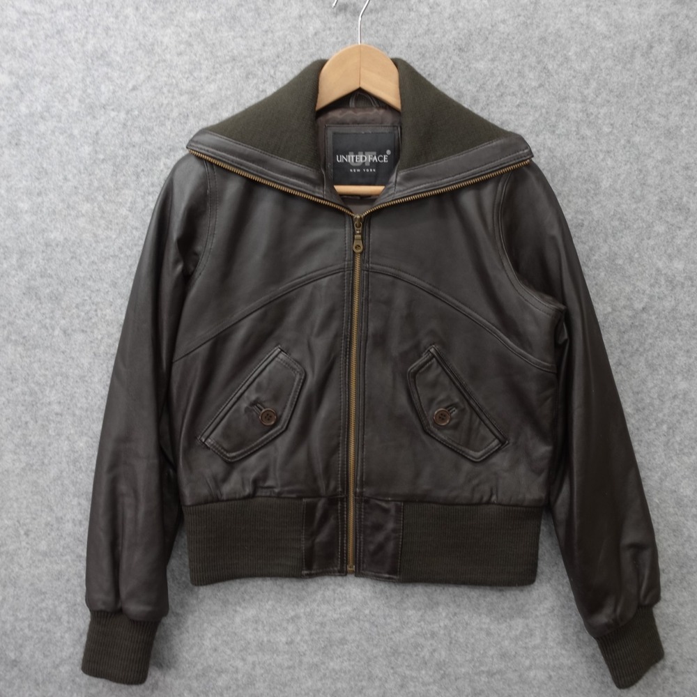 Cropped Leather Jacket Womens SMALL Brown UNITED FACE Neck Bomber High Neck